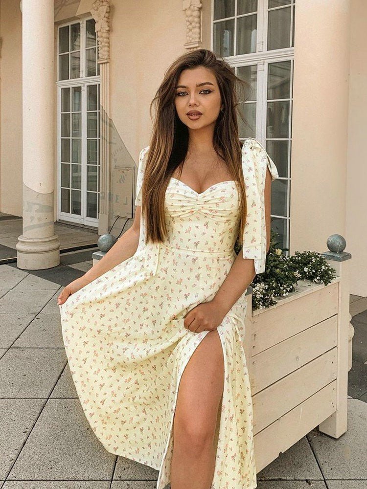 pale yellow floral summer midi dress
