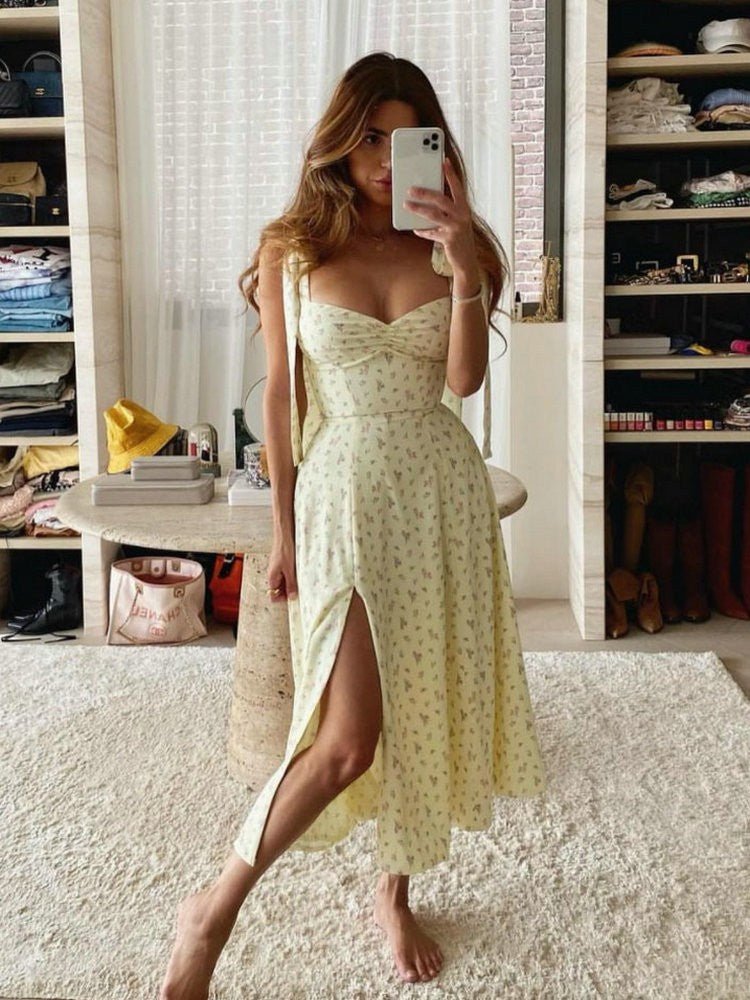 pale yellow floral summer midi dress